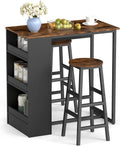 COSTWAY 3-Piece Bar Table Set, 36' Counter Height Breakfast Table with 3 Storage Shelves & 2 Round Stools, Rectangular Kitchen Table Set for 2, for Dining Room, Living Room, Rustic Brown and Black