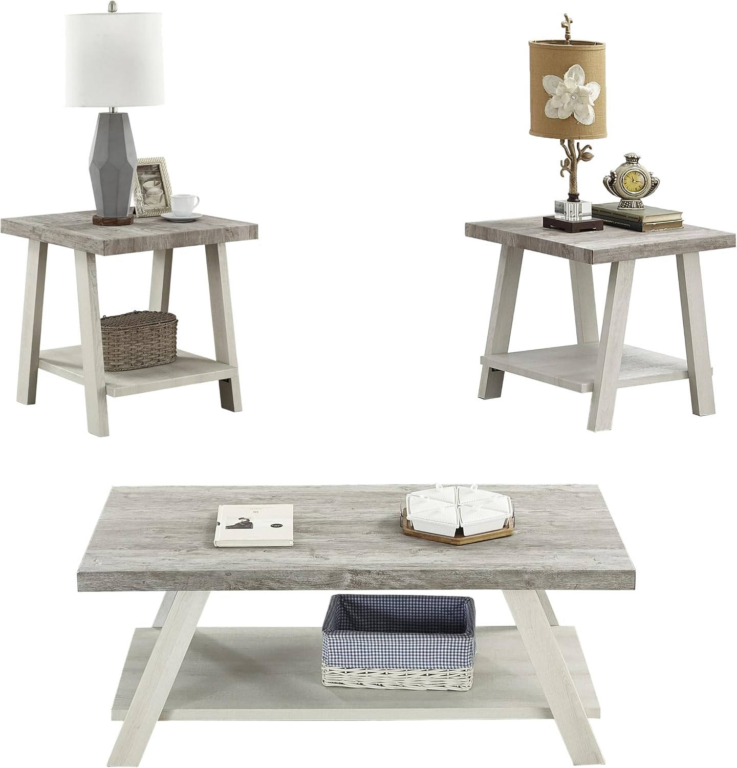 3-Piece Living Room Table Set, Coffee Table& Two End Tables, Side Table with Wood Storage Shelf for Living Room, Bedroom (Beige, 48' L x 24' W x 19' H)