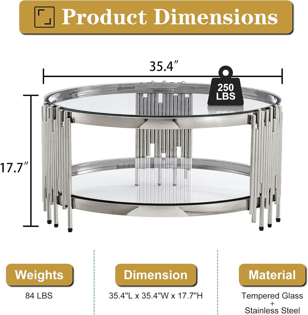 Round Glass Coffee Table Modern Living Room Table, 35.43' Gold Stainless Steel Leg Clear Tempered Glass, Circle Sofa Center Table Furniture for Home Apartment Office, Silver