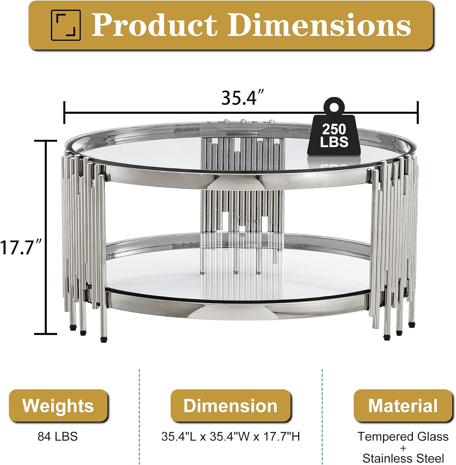 Round Glass Coffee Table Modern Living Room Table, 35.43' Gold Stainless Steel Leg Clear Tempered Glass, Circle Sofa Center Table Furniture for Home Apartment Office, Silver