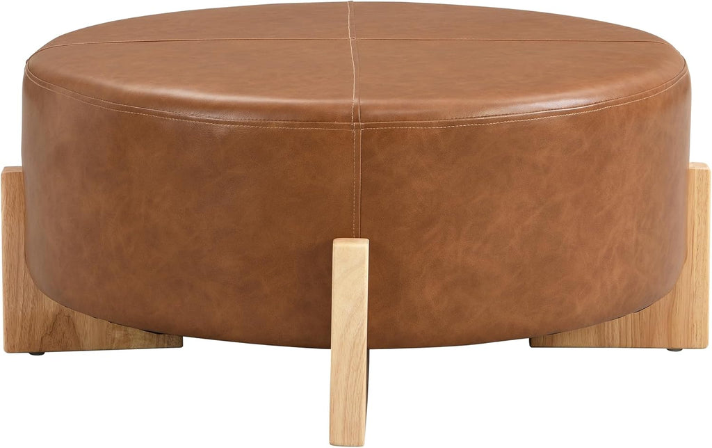 Christopher Knight Home Holmes Modern Faux Leather Upholstered Ottoman Coffee Table, Wooden Round Cocktail Ottoman, Large Living Room Sofa Footstool/Footrest, Brown+Natural