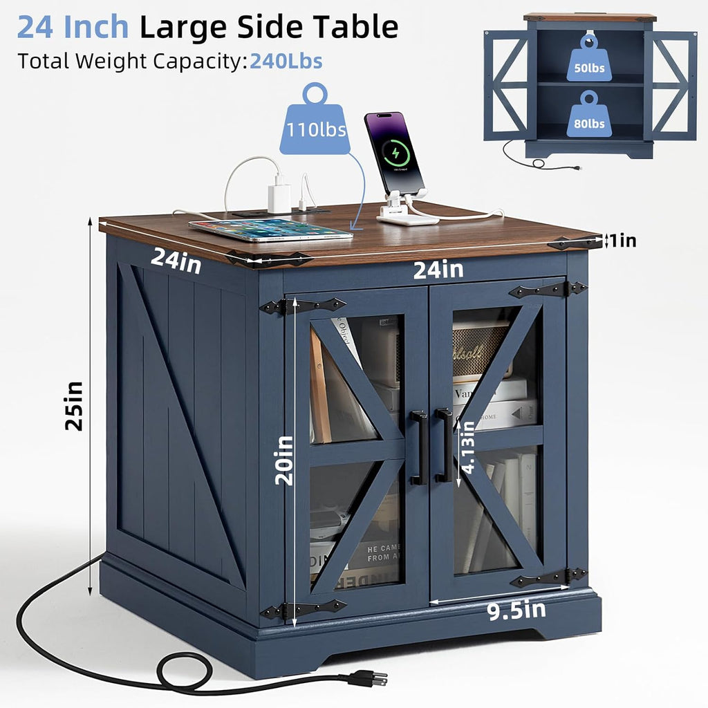 Joaxswe 24' End Table with Charging Station, Farmhouse Night Stand with Glass Barn Door, White Nightstands with Adjustable Storage Shelf, Large Wood Square Bed Side Table for Living Room,Bedroom