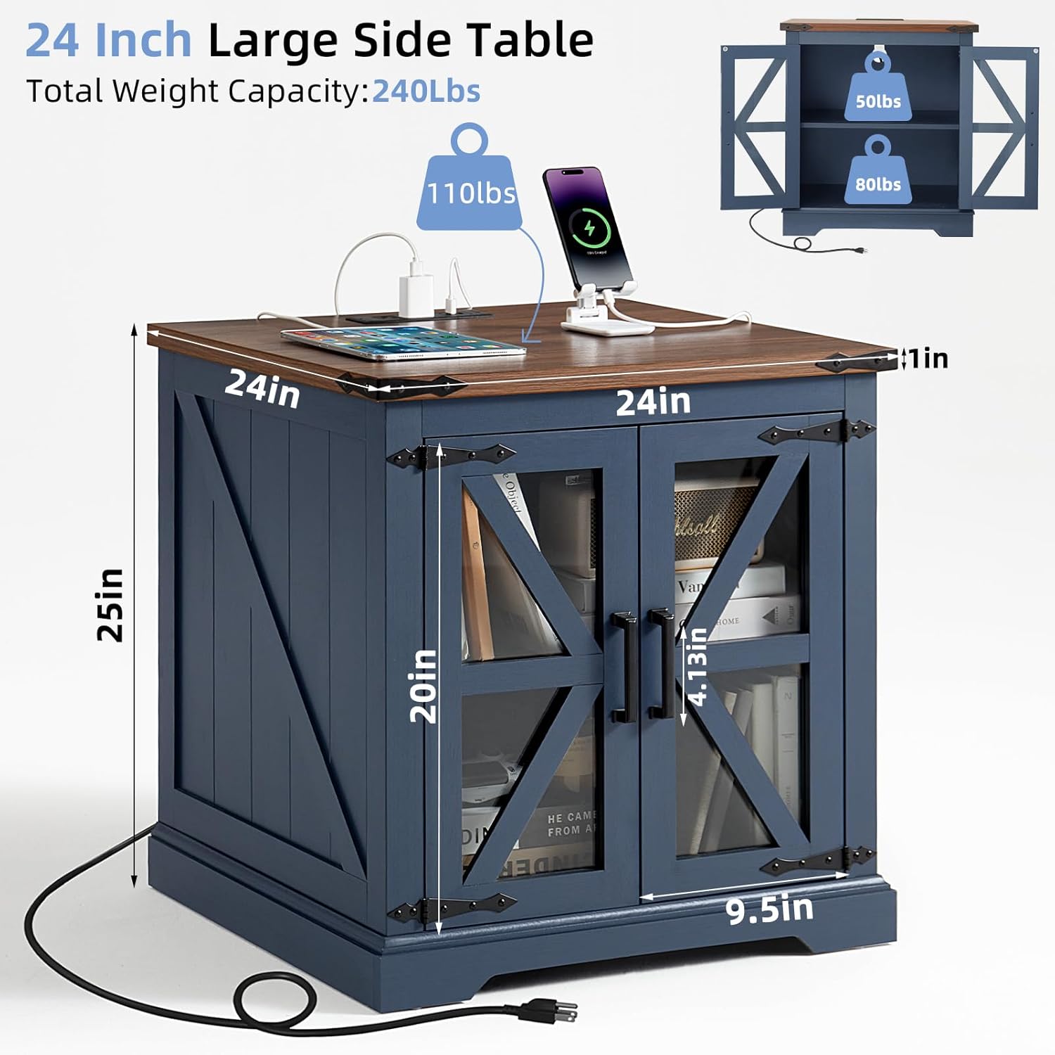Farmhouse End Table Set of 2 with Charging Station, 24' Large Sofa Side Table with Glass Barn Door, Night Stand with Adjustable Shelf, Wood Nightstand, Square Bed Side Table for Living Room,Bedroom