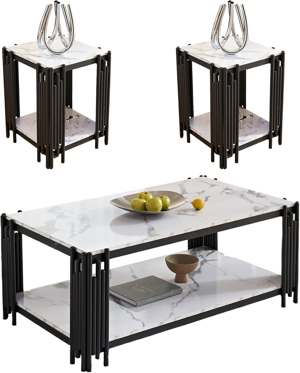 Elegant Marble Coffee Table Set of 3 White Faux Marble Coffee Table End Table Set w/Black Metal Frame 3 Piece Living Room Table Set with 1 Rectangle Coffee Table & 2 Square Side Table