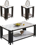 Elegant Marble Coffee Table Set of 3 White Faux Marble Coffee Table End Table Set w/Black Metal Frame 3 Piece Living Room Table Set with 1 Rectangle Coffee Table & 2 Square Side Table