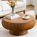 Round Coffee Table for Living Room Modern Brown Fluted Coffee Table Round Drum Coffee Tables Low Circle Pedestal Center Table for Small Spaces (A Brown, 31.4 in)