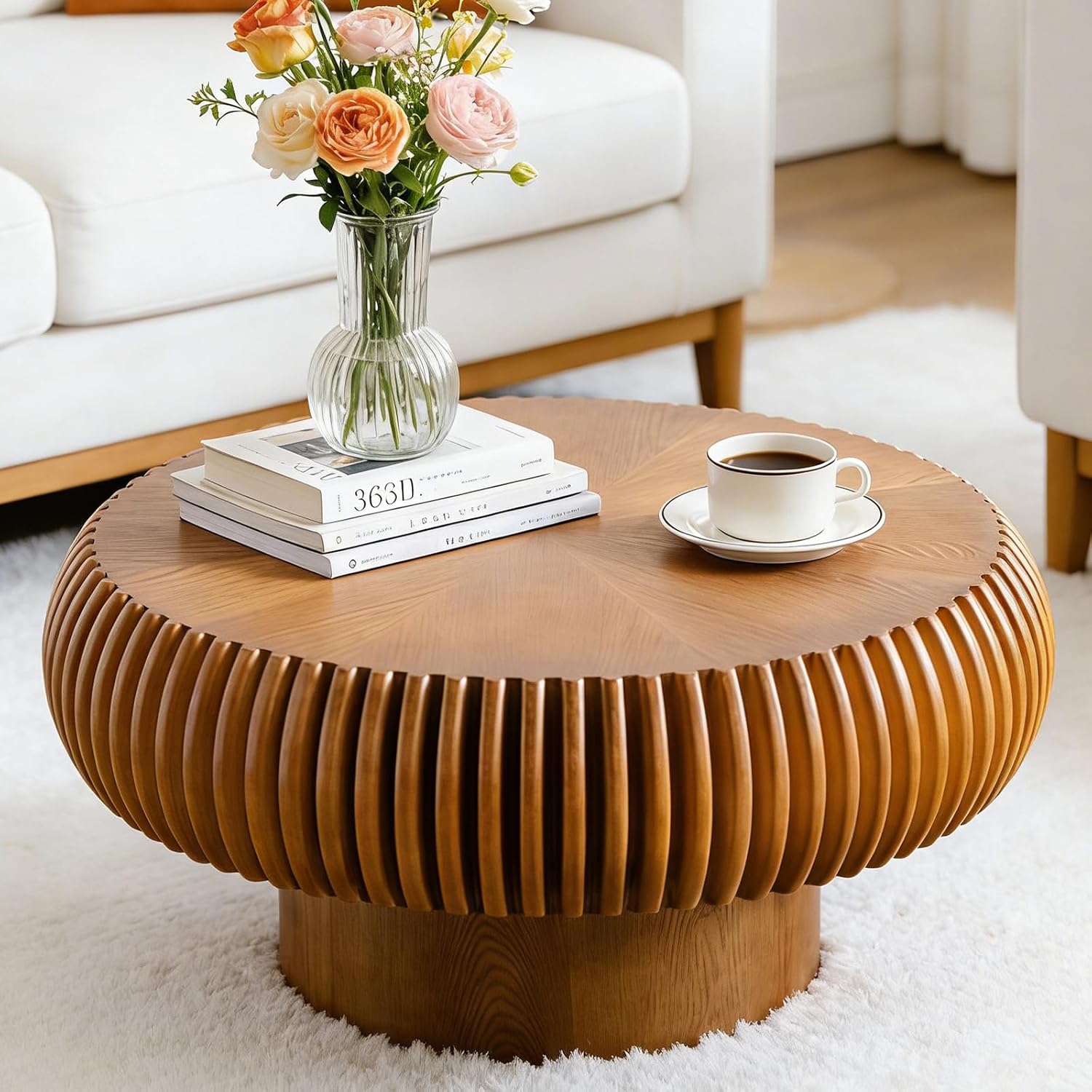 Round Coffee Table for Living Room Modern Brown Fluted Coffee Table Round Drum Coffee Tables Low Circle Pedestal Center Table for Small Spaces (A Brown, 31.4 in)
