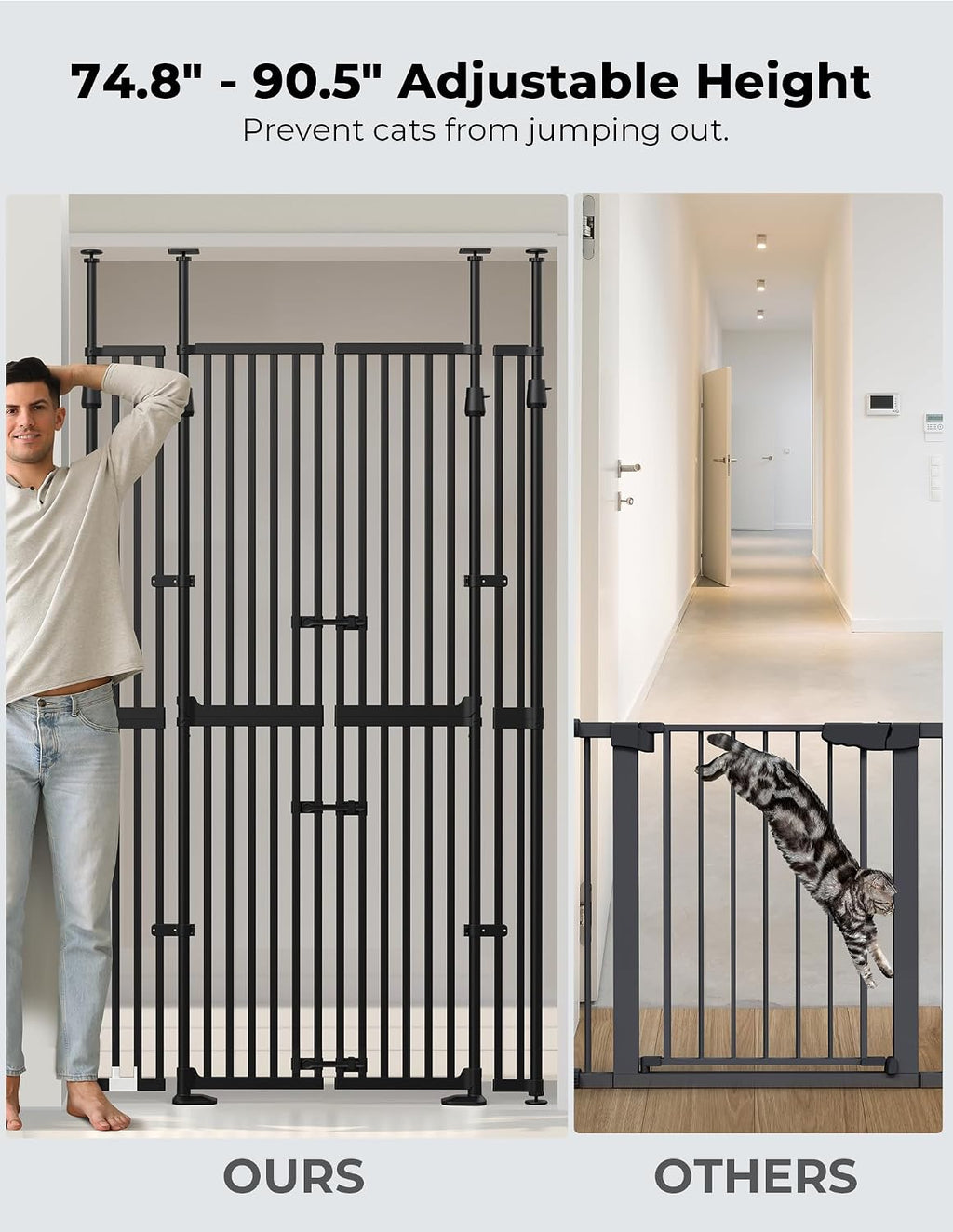 Extra Tall Cate Gate for Doorway: Pressure Mount 74.8'-90.5' Tall Cat Gate for Pets in Extra 30.3'-47.2' Width No Wall Drilling No Toddler for Indoor Stairs Hallway Room Safety Barrier