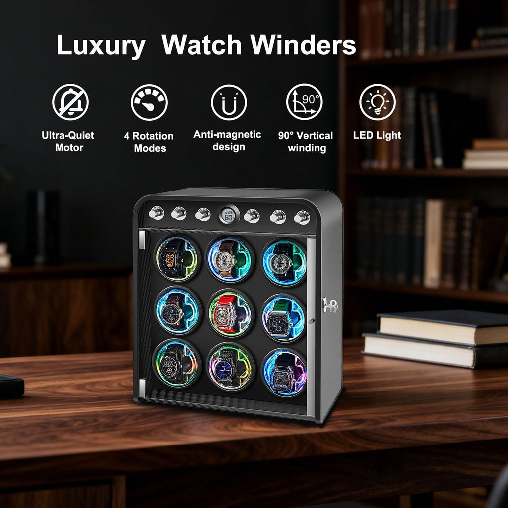 Watch Winder for Automatic Watches, Watch Winders Box 1/2/4/6/9 Slot for Rolex,Silent Motor, 4 Rotation Mode Setting,Built-in led Lights,Gift for Man