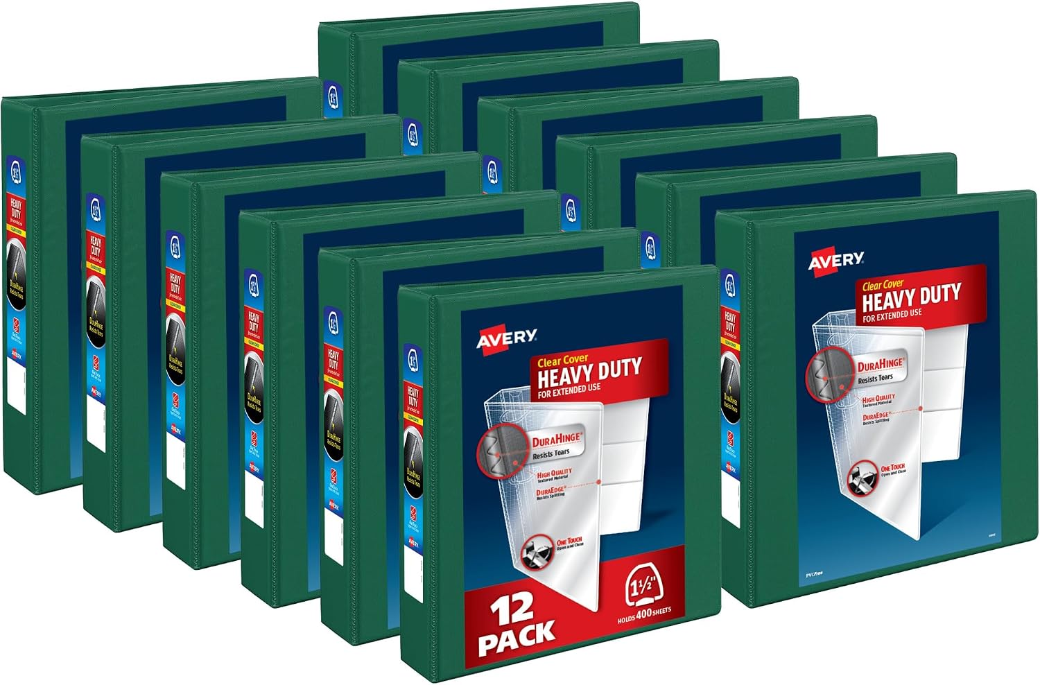 Avery Heavy-Duty View 3 Ring Binders, 1.5 Inch One Touch EZD Rings, 400-Sheet Capacity, 2.1 Inch Wide Spine, Customizable Clear Cover and Spine, Green Binders (12-Pack of 79108)