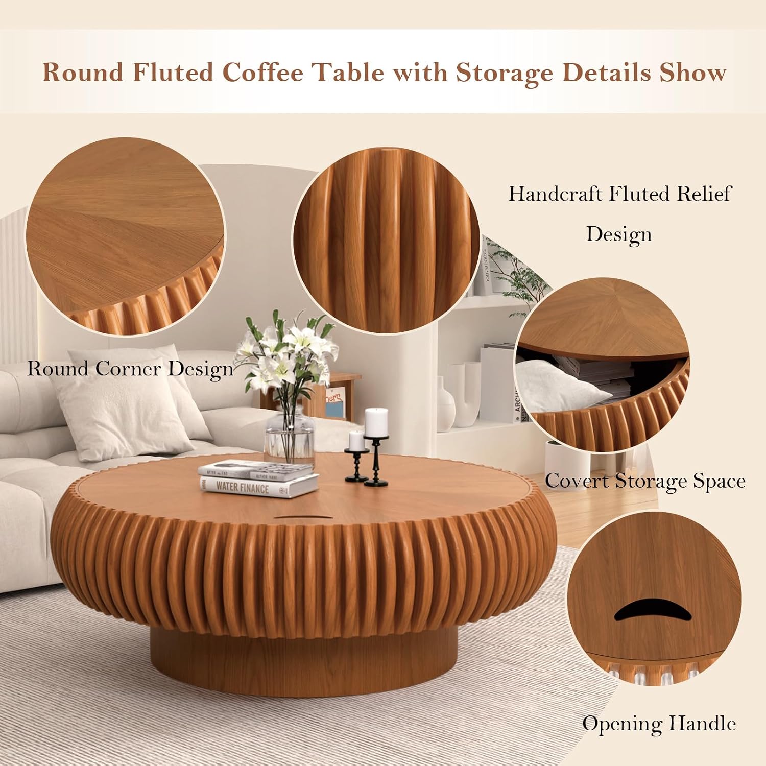 39.37' Round Fluted Coffee Table with Storage Unique Contemporary Wood Low Circle Drum Tea Tables - Sturdy Pedestal for Small Space (J Brown 39.37in)