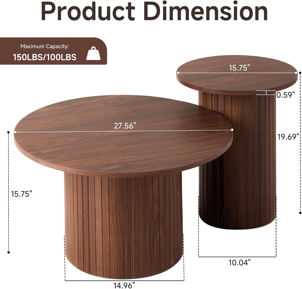 Round Coffee Tables Set of 2, Circle Modern Small Wood Side Table with Fluted Style Drum Base for Living Room Bedroom Balcony Office, Walnut