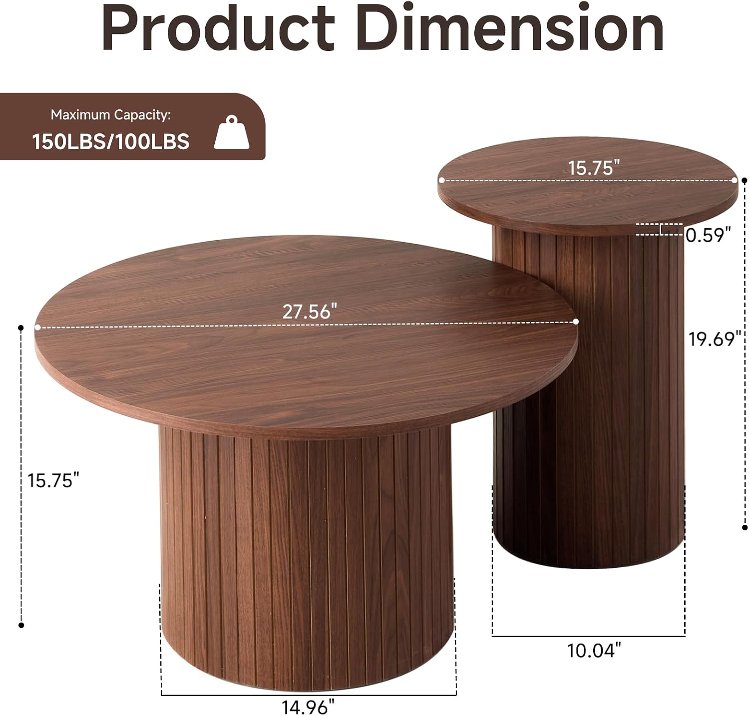 Round Coffee Tables Set of 2, Circle Modern Small Wood Side Table with Fluted Style Drum Base for Living Room Bedroom Balcony Office, Walnut