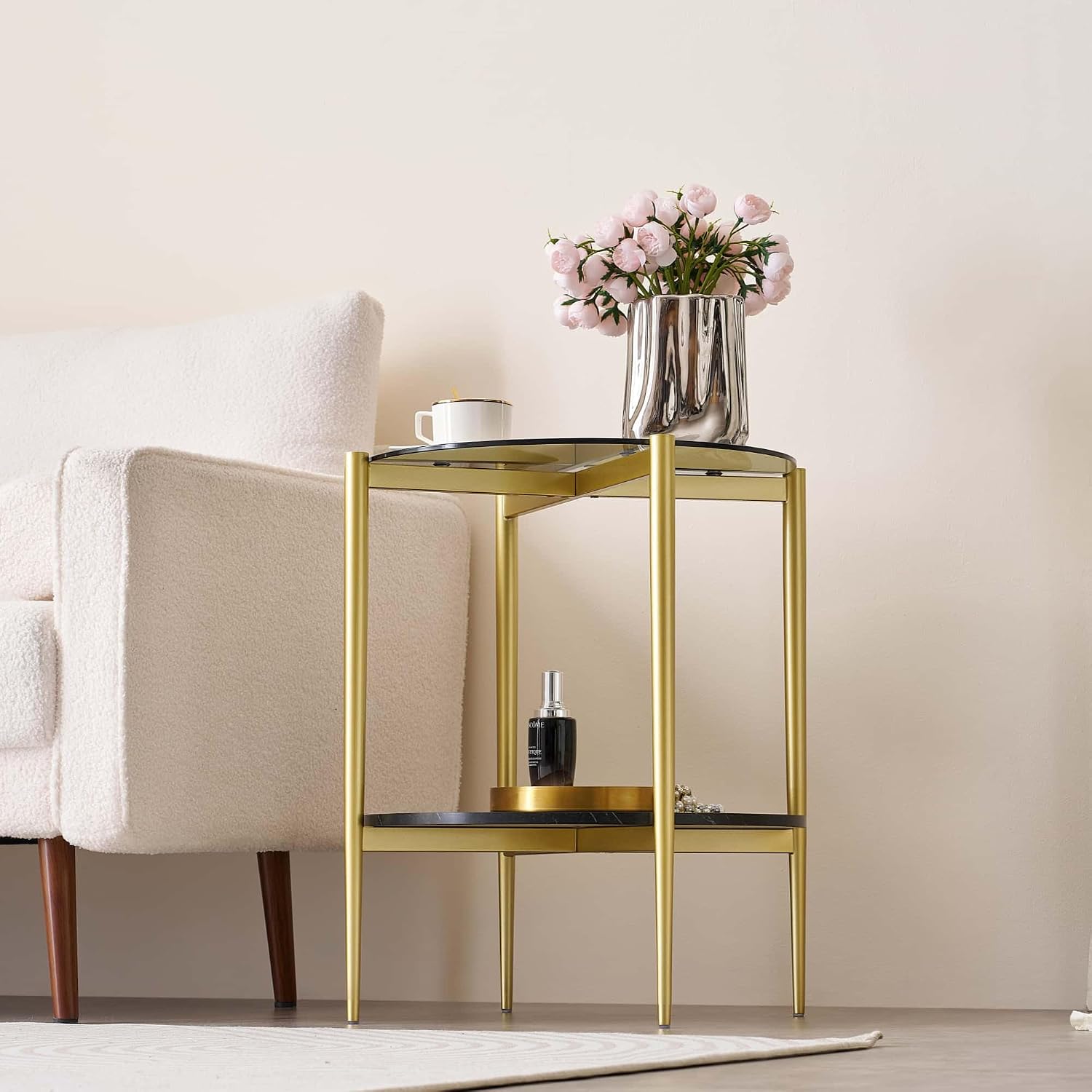 LumFurn Round Glass End Table, Mid-Century Modern Design Sofa Table for Living Room, D18 x H23 in, 2-Tier Structure, Grey Glass Top and Black Marble Shelf, Sleek Conical Legs with Gold Finish Frame