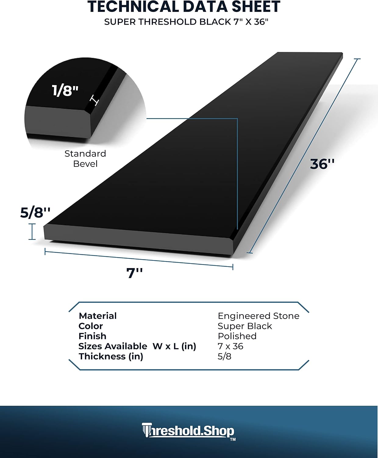 7 Inch Super Threshold Engineered Marble Saddle - 7 Inch Width 36 Inch Length (Super Black)