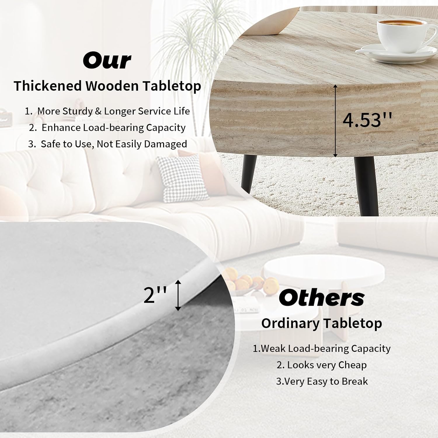 Round Coffee Table, Small Wood Stone Coffee Table with Storage, Modern Mid Century Circle Tables Accent Center Tables for Living Room Apartment Small Space (31.5''D-Stone Travertine Pattern)