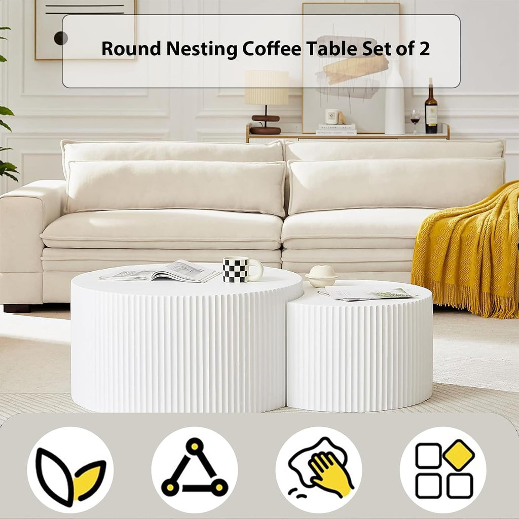 Nesting Coffee Table Set of 2 Wood Circle Drum Coffee Tables Set Contemporary Fluted Coffee Table Round Wooden Coffee Tables for Living Room & Small Space ((Cream, 27.5 +19.6in)