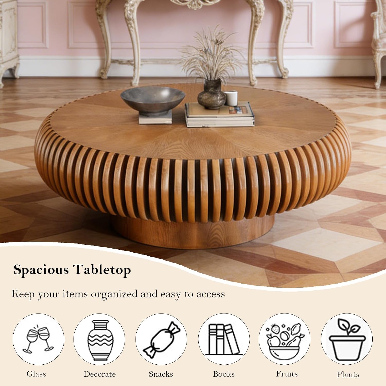 31.49' Round Fluted Coffee Table Unique Contemporary Wood Low Circle Drum Tea Tables with Sturdy Pedestal for Small Space (D Brown 31.49in)