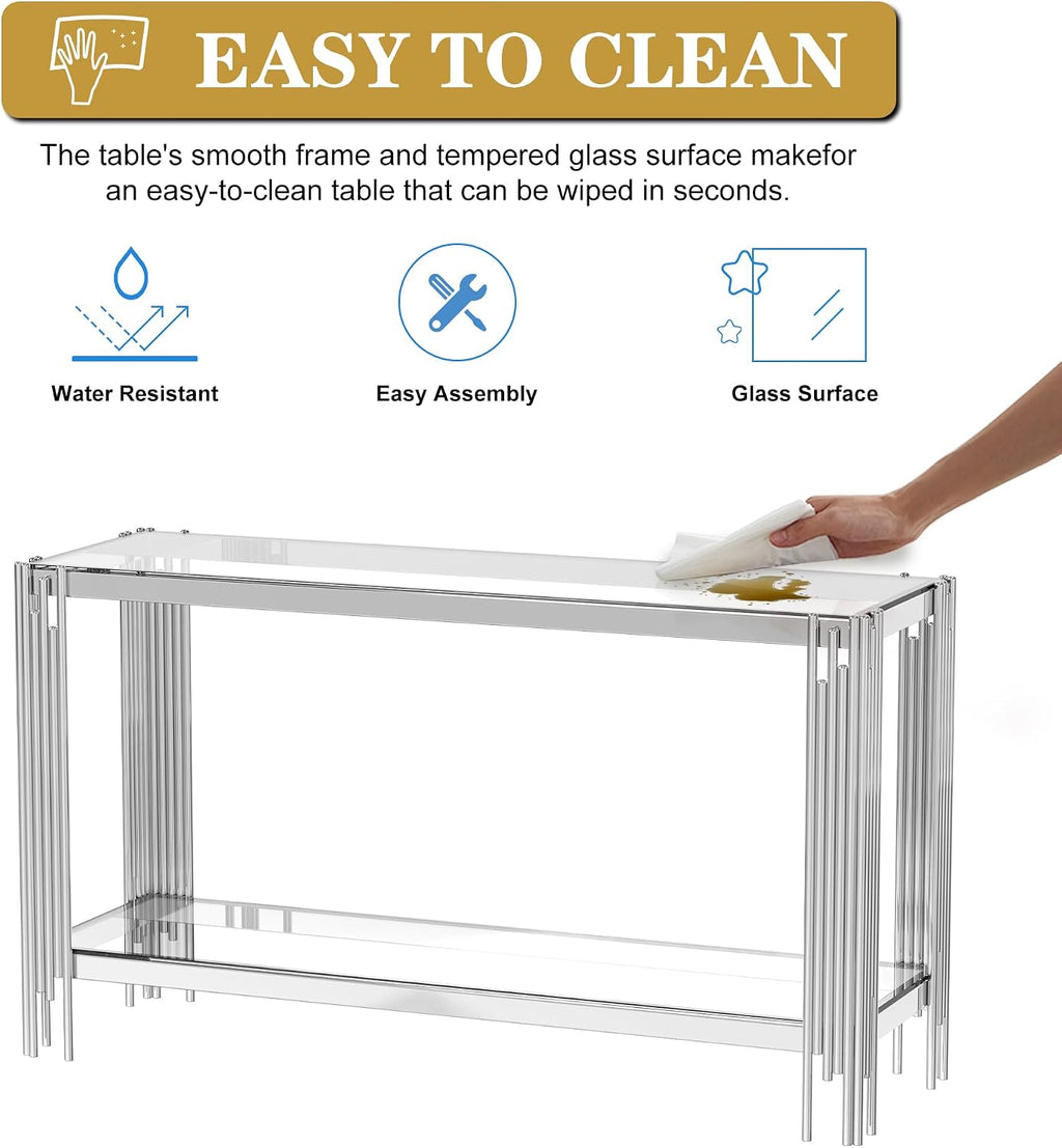 2-Tier Glass Console Table, Rectangle Console Table with Storage, Entryway Table with Stainless Steel Base, Rectangular Narrow Tables Sofa Table for Living Room Hallway, Clear&Silver