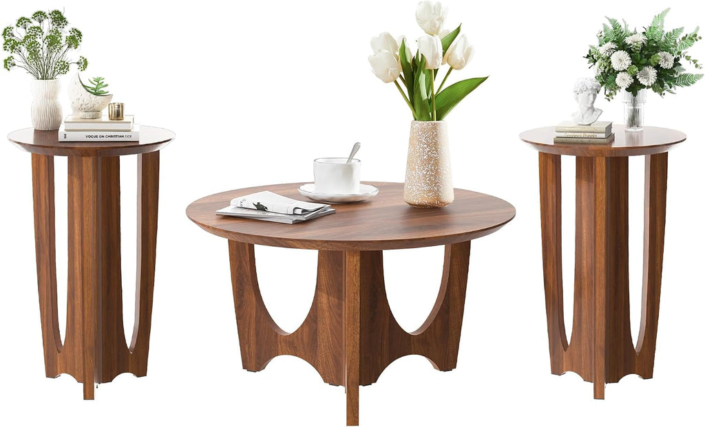 Bifins Small Round Coffee Table Set of 3,Round Coffee Table and 2 End Side Tables, Mid-Century Modern 3-Piece Living Room Tables Set for Apartment, Office,Small Space