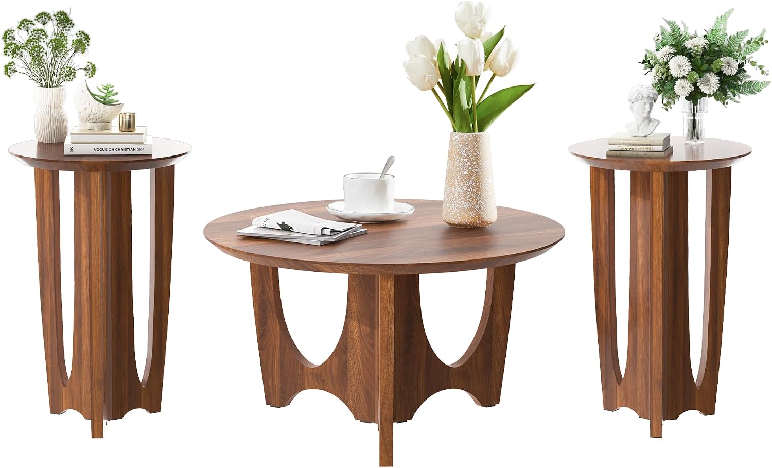 Bifins Small Round Coffee Table Set of 3,Round Coffee Table and 2 End Side Tables, Mid-Century Modern 3-Piece Living Room Tables Set for Apartment, Office,Small Space
