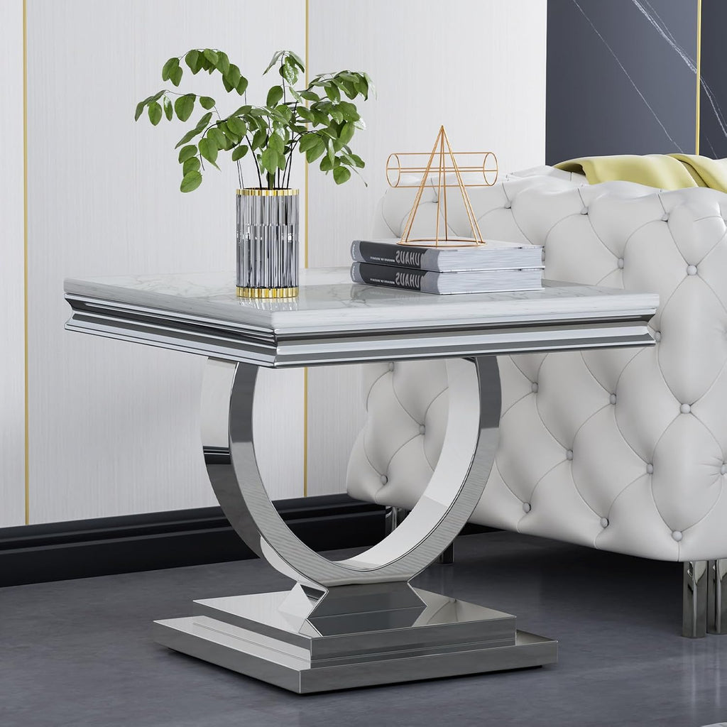 3 Pieces Coffee Table Set, Faux Marble Living Room Table Set of 3, Modern Coffee Table and 2 End Tables with O-Shaped Stainless Steel Base for Living Room Office (White Silver)