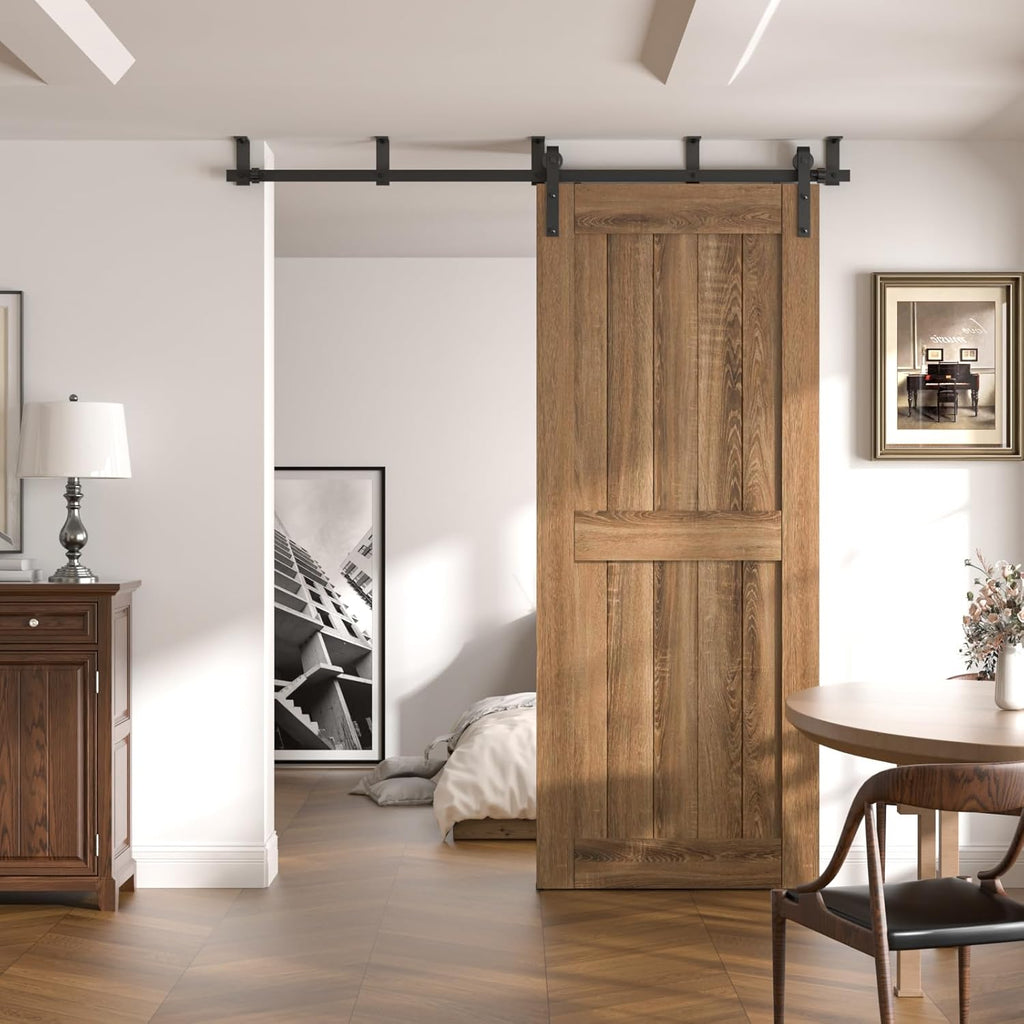 CCJH 7.5FT Ceiling Mount Bracket Sliding Barn Door Hardware Kit Black,Strong Bearing, Low Ceiling L-Shape Bracket System, Fit 45' Wide Single Door Panel (Basic Style)