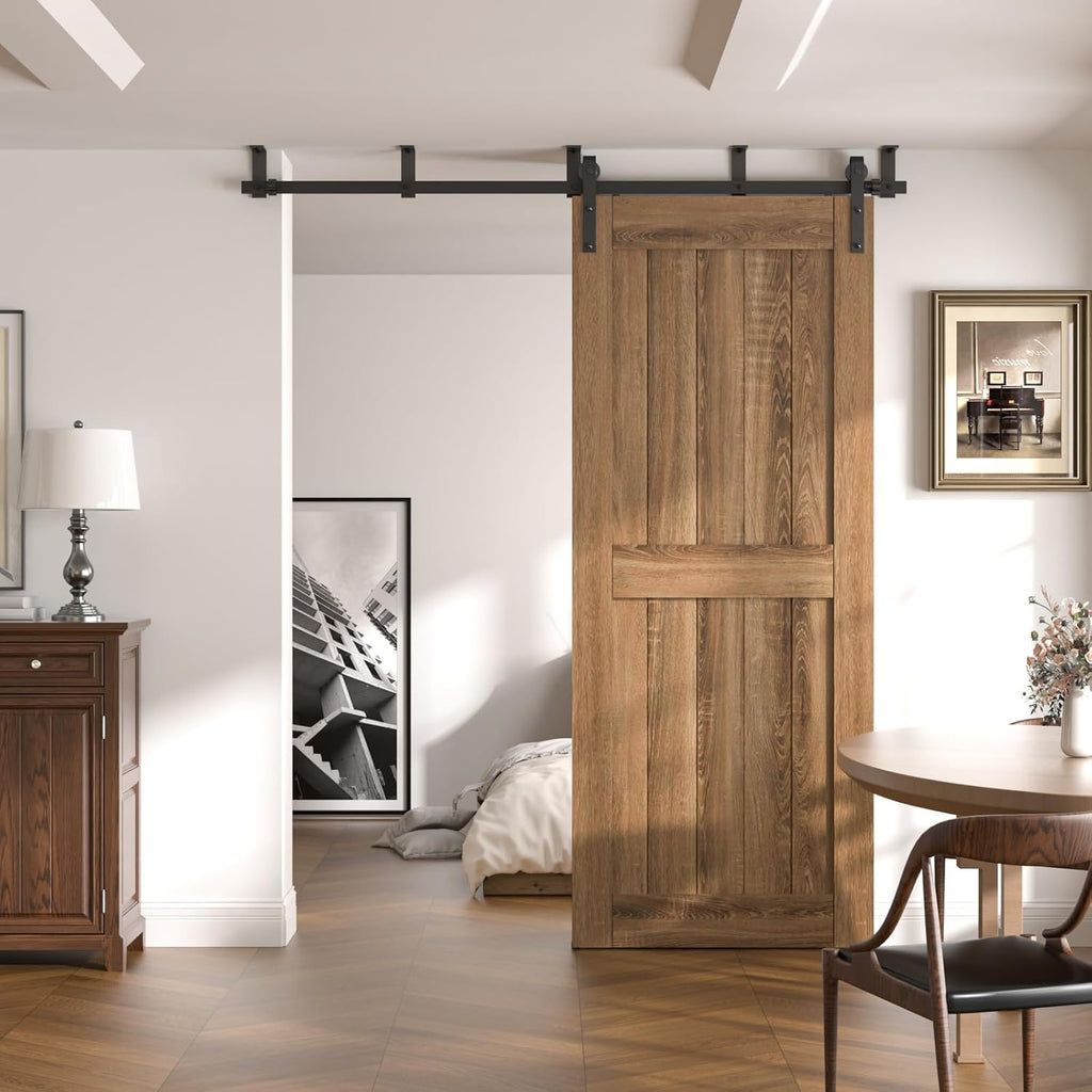 CCJH 8FT Ceiling Mount Bracket Sliding Barn Door Hardware Kit Black,Strong Bearing, Low Ceiling L-Shape Bracket System, Fit 48' Wide Single Door Panel (Basic Style)