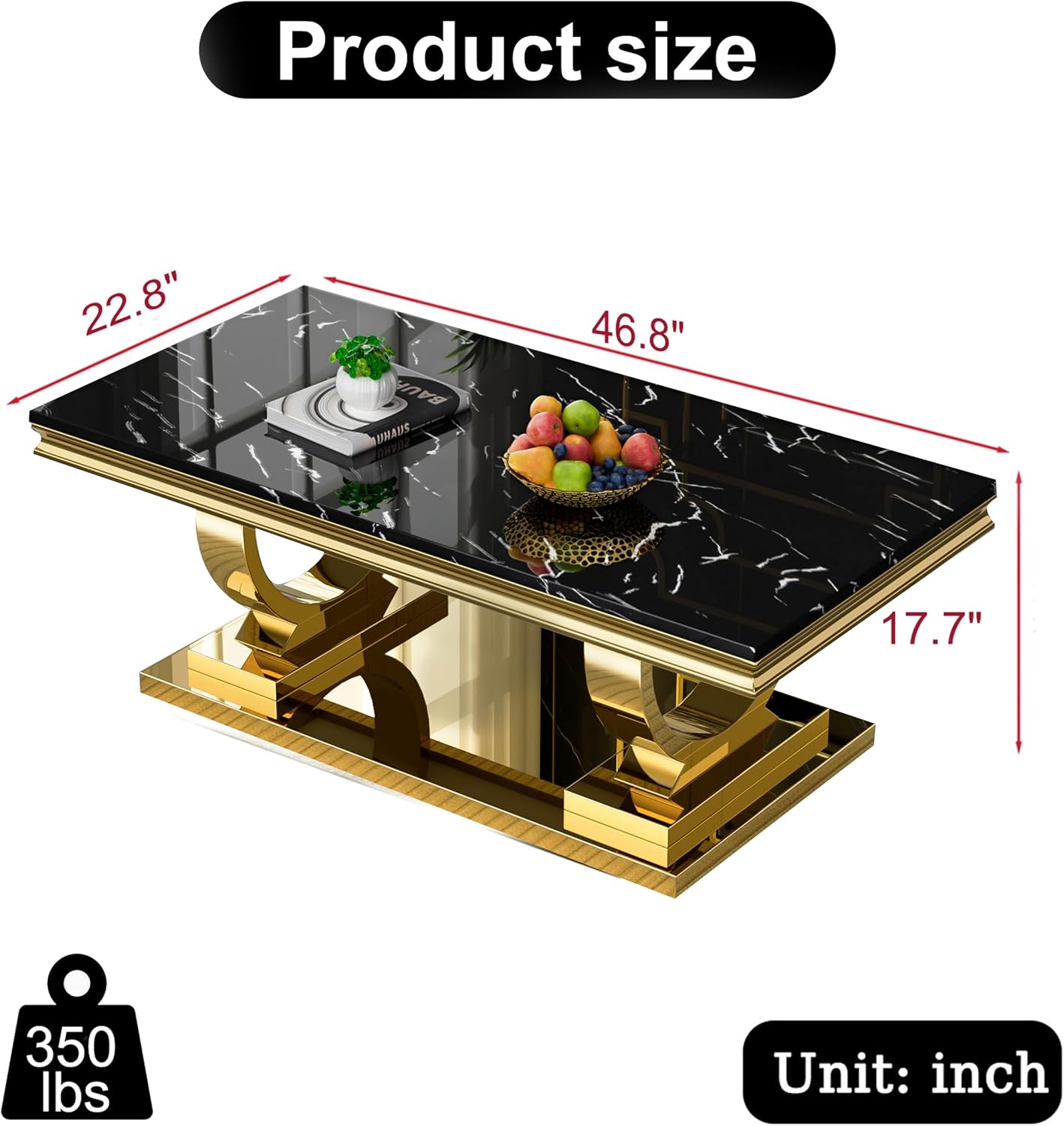 47'' Rectangular Marble Coffee Table Luxury Black Faux Marble Center Table with Gold Double-O Stainless Steel Pedestal Elegant Cocktail Table Sofa Table for Living Room Office