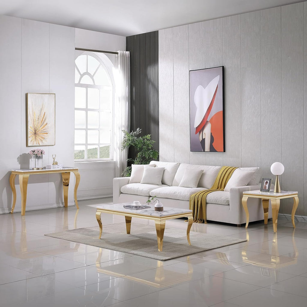 47' Marble Coffee Table for Living Room, Modern White Coffee Table with Gold Stainless Steel S-Shaped Legs, Faux Marble Rectangle Center Table Accent Cocktail Table for Home,Office