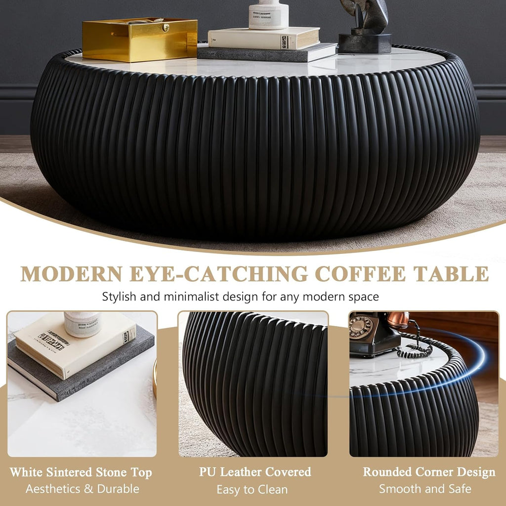 27.55' Round Marble Coffee Table,Modern Fluted Coffee Table with White Sintered Stone Top & Black PU Leather Covered, Modern Drum Coffee Cocktail Center Tables for Living Room,No Need Assembly