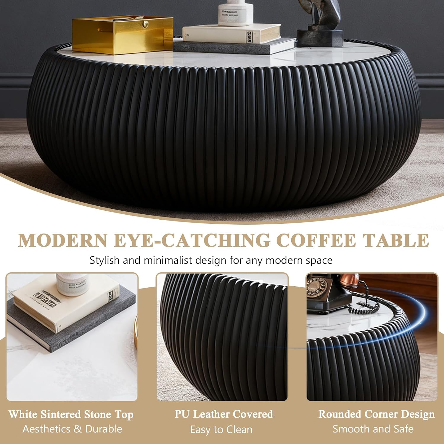 27.55' Round Marble Coffee Table,Modern Fluted Coffee Table with White Sintered Stone Top & Black PU Leather Covered, Modern Drum Coffee Cocktail Center Tables for Living Room,No Need Assembly