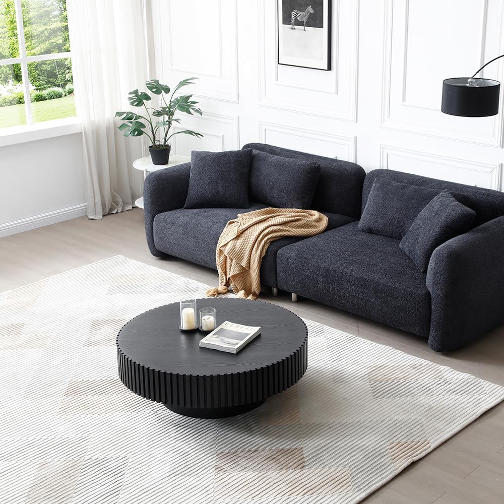 WILLIAMSPACE 31.49' Black Round Coffee Table, Modern Luxury Wood Circle Drum Center Table for Living Room, Accent Side End Table for Apartment, ø31.49'' x 13.77''H (Black)