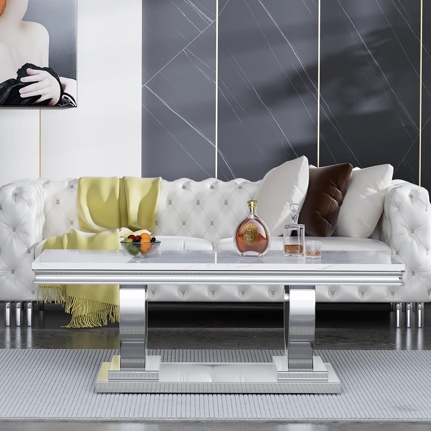 HomVent 3 Pieces U-Shaped Living Room Table Set by Brand, Faux Marble & Stainless Steel Coffee Table Set with Mirrored Finish Home Office (Silver)