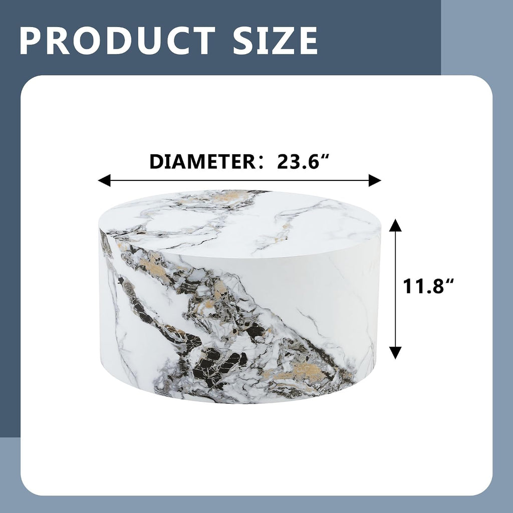 23.6' White Marble Small Coffee Table for Living Room Round Faux Marble Center Table Modern Drum-Shape Wooden Cocktail Table for Home Office - Fully Assembled