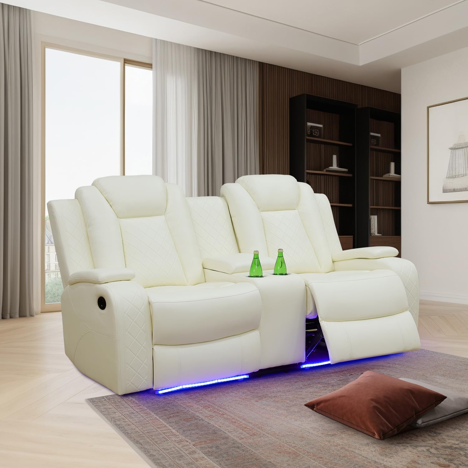 Power Leather Recliner Sofa with LED Light,74' Power Double Reclining Loveseat with Storage Console/Cup Holders/USB Port,2 Seater Leather Couch for Living Room Furniture(White,Loveseat)