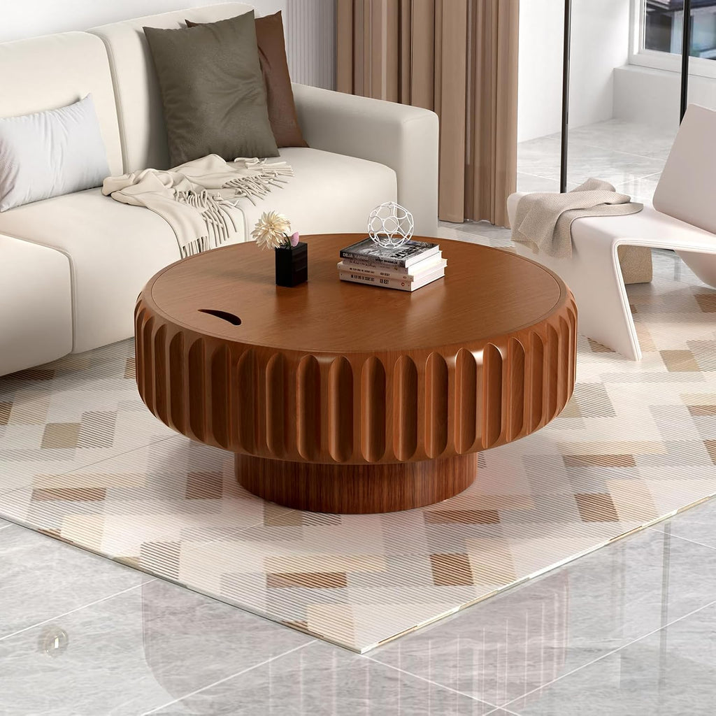 Round Drum Coffee Table White Fluted Coffee Table Circle Center Table Pedestal End Table for Apartment (31.5in)