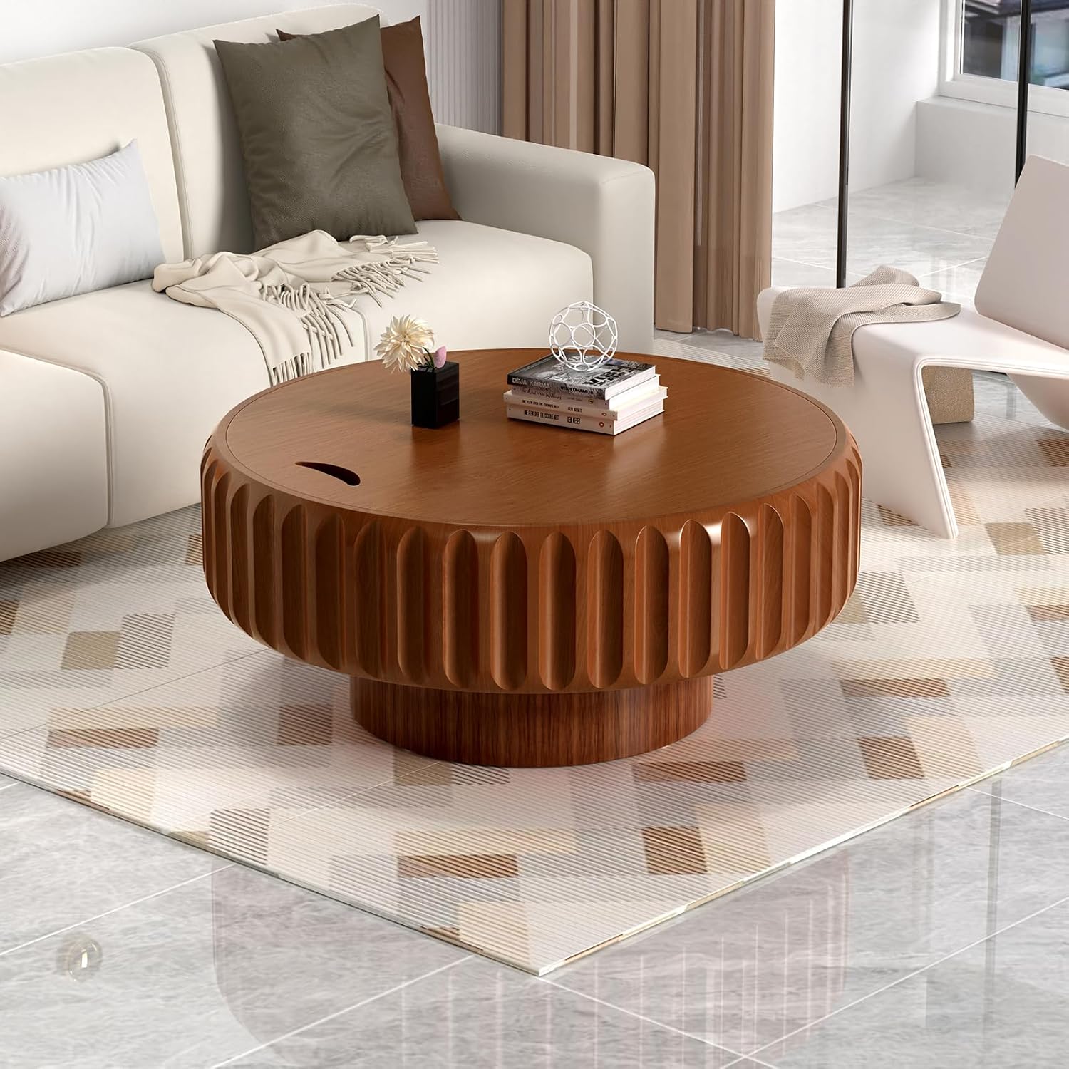Round Drum Coffee Table White Fluted Coffee Table Circle Center Table Pedestal End Table for Apartment (31.5in)