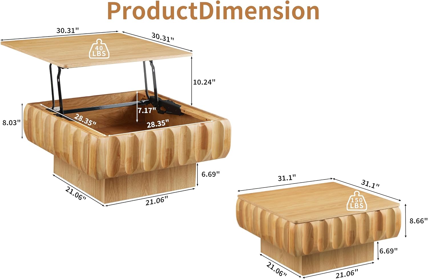 31.1'' Lift Top Coffee Table with Hidden Storage Space, Modern Drum Handcraft Wood Fluted Square Coffee Table for Living Room, Easy Assembly, Natural