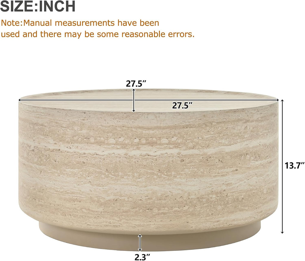 LUMISOL 27.5' Round Coffee Table, Faux Marble Center Table with Drum Design, Contemporary Side Table with Durable Construction for Living Room, Office, Apartment, No Assembly Required, Beige