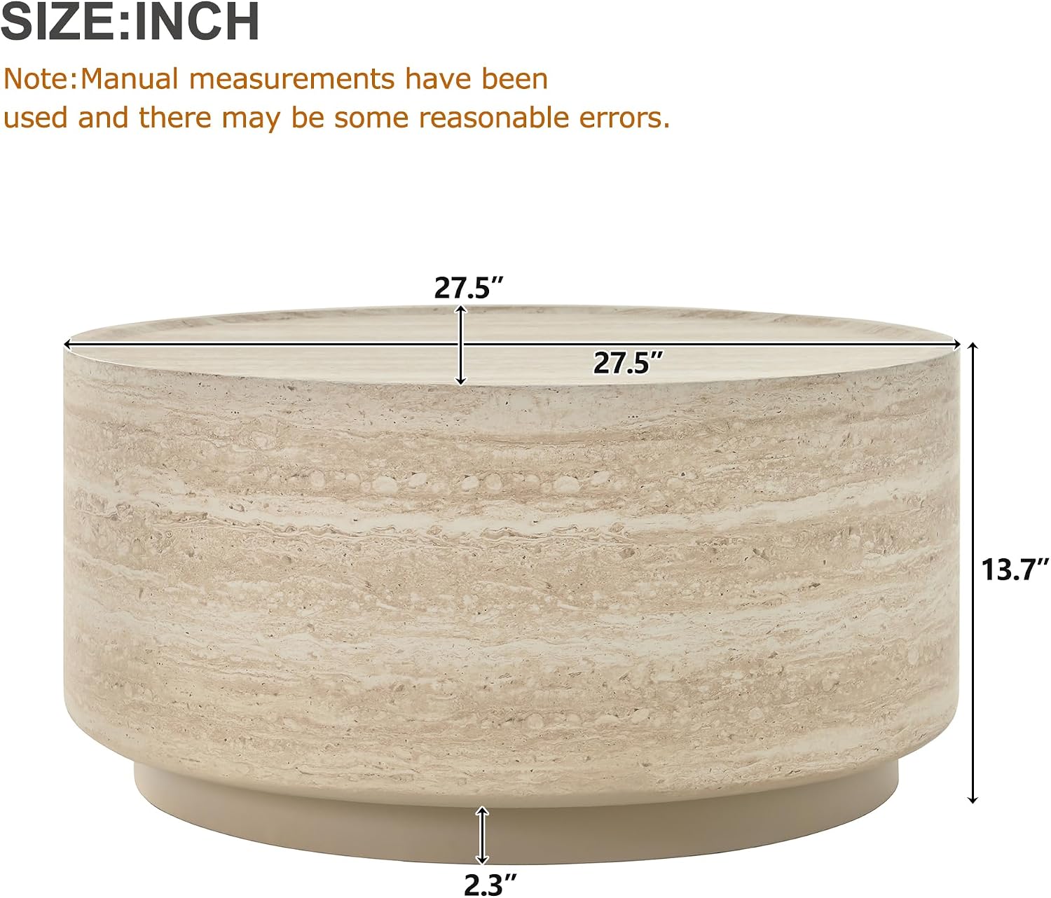 LUMISOL 27.5' Round Coffee Table, Faux Marble Center Table with Drum Design, Contemporary Side Table with Durable Construction for Living Room, Office, Apartment, No Assembly Required, Beige