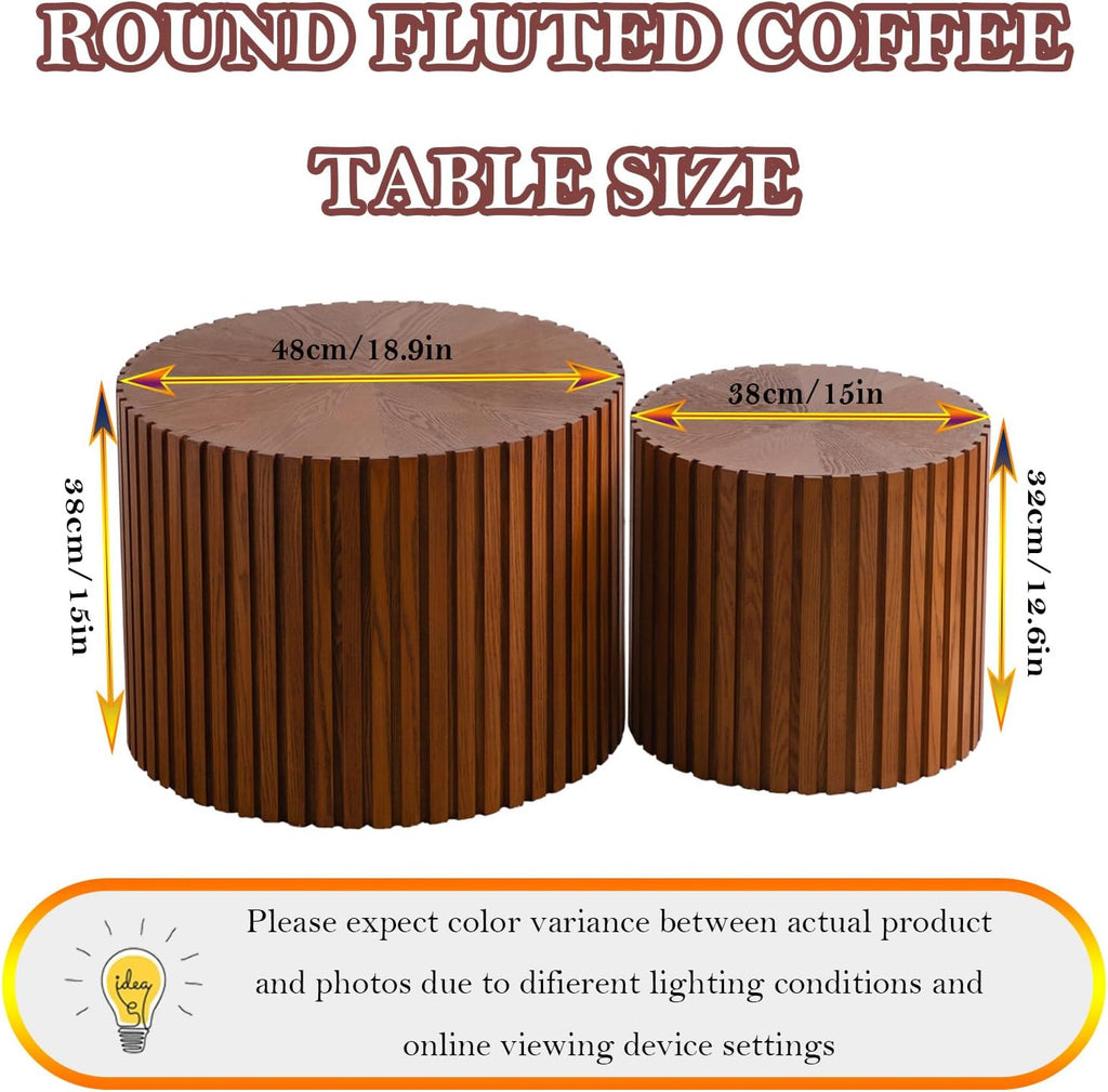 Handcraft Round Nesting Coffee Table - Chic Wave Stripe Edge, Modern Stylish Walnut Wooden Circle Fluted Center Table for Living Room (18.9IN+15IN)
