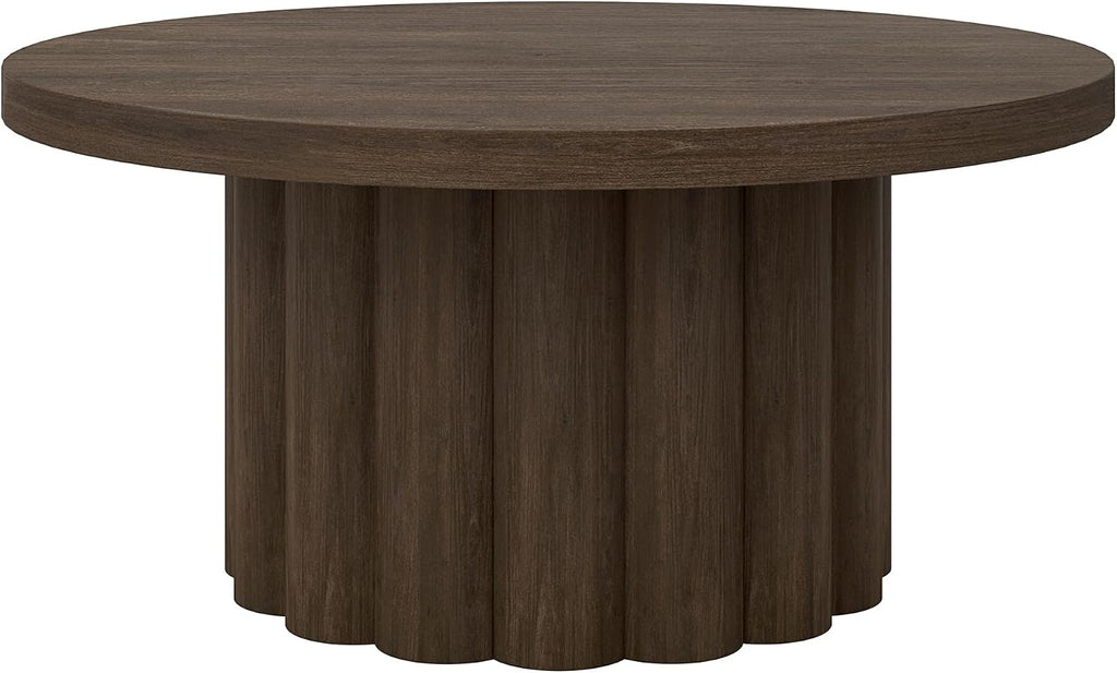 Henn&Hart 32' Fluted Round Ribbed Pedestal Low-Profile Coffee Table for Living Room, Family Room, Office, or Apartment, Heritage Oak
