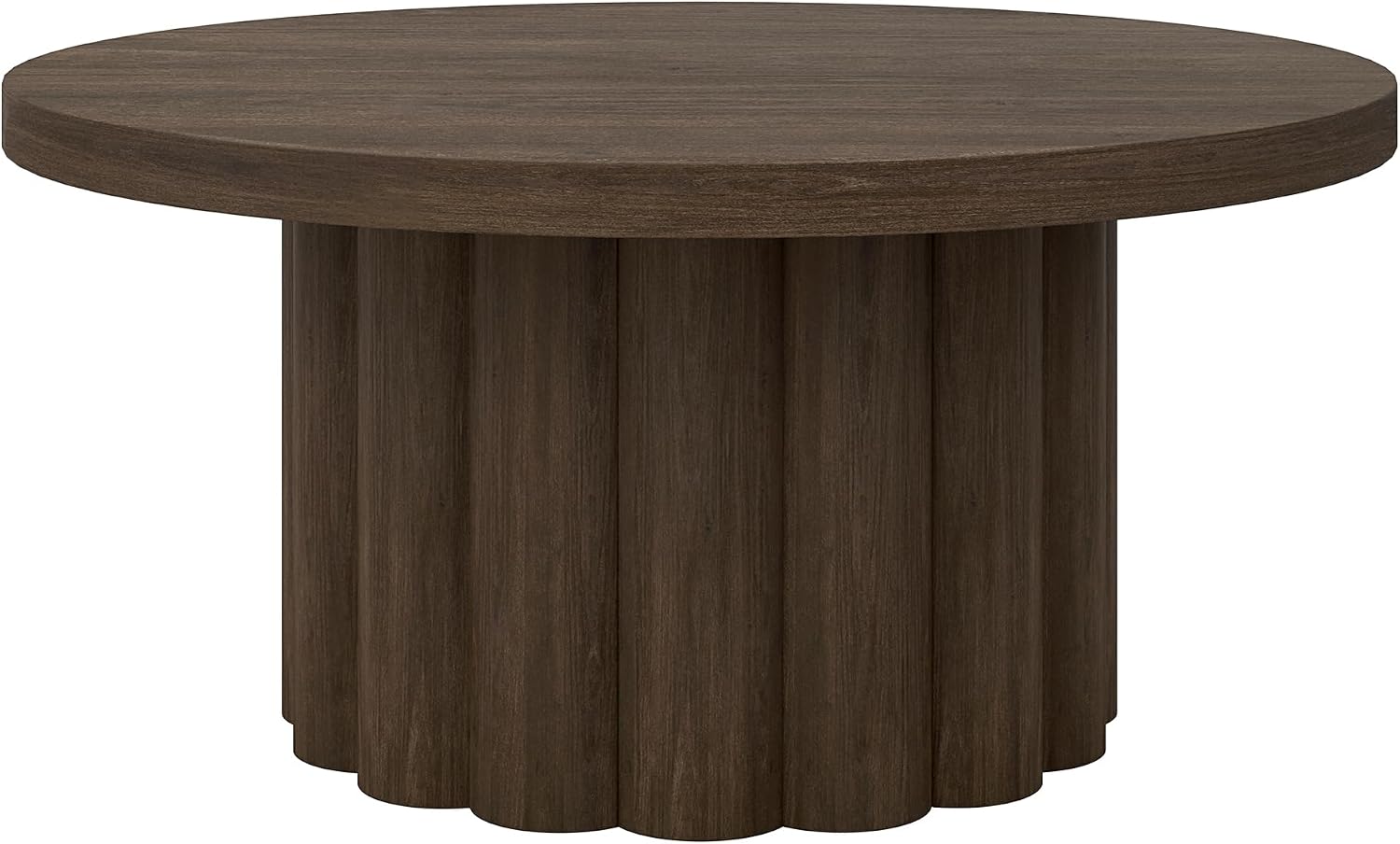Henn&Hart 32' Fluted Round Ribbed Pedestal Low-Profile Coffee Table for Living Room, Family Room, Office, or Apartment, Heritage Oak
