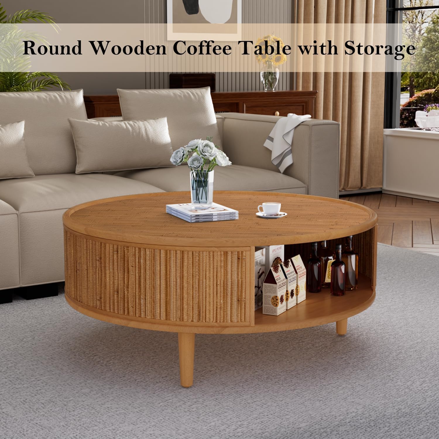 30.5' Round Coffee Table with Storage, Rustic Circle Center Table with Bamboo Woven Tabletop and 3 Anti-Skid Solid Wood Legs for Small Space Easy Assemble (B 30.5in)