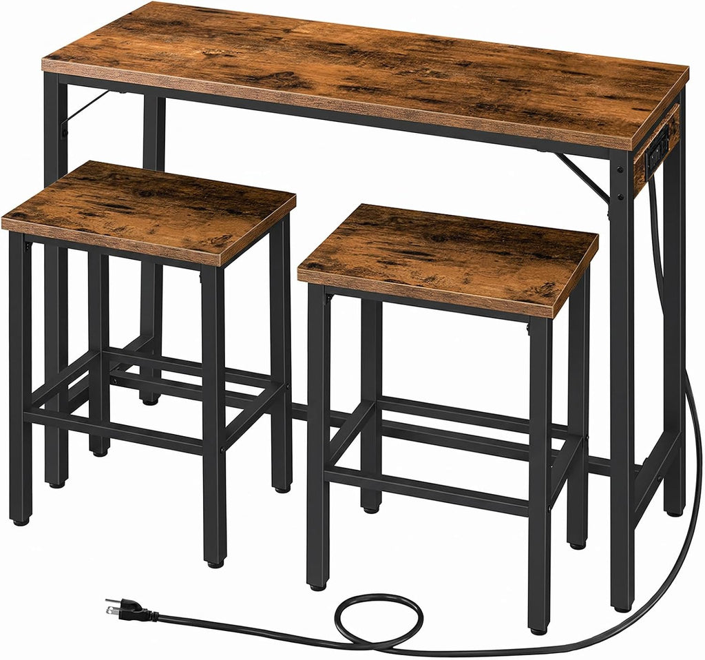 HOOBRO Bar Table and Chairs Set, 47.2' Dining Table Set with Power Outlet, 3-Piece Pub Table Set, Kitchen Bar Height Table with Stools of 2, Space Saving for Living Room, Rustic Brown BF46UBT01