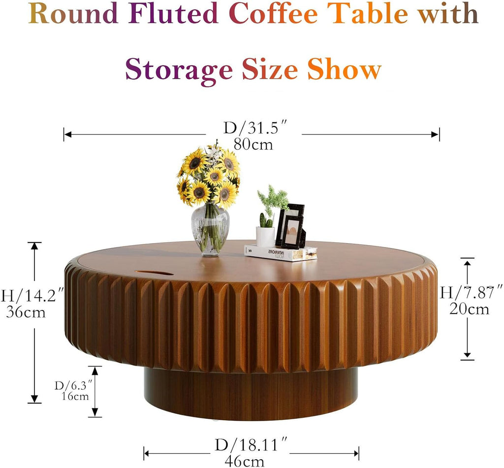 31.5' Drum Coffee Table - Handcraft Solid Wood Edge Stripe Modern Chic Fluted Tea Table with with Storage for Small Space Apartment (D 31.5in)