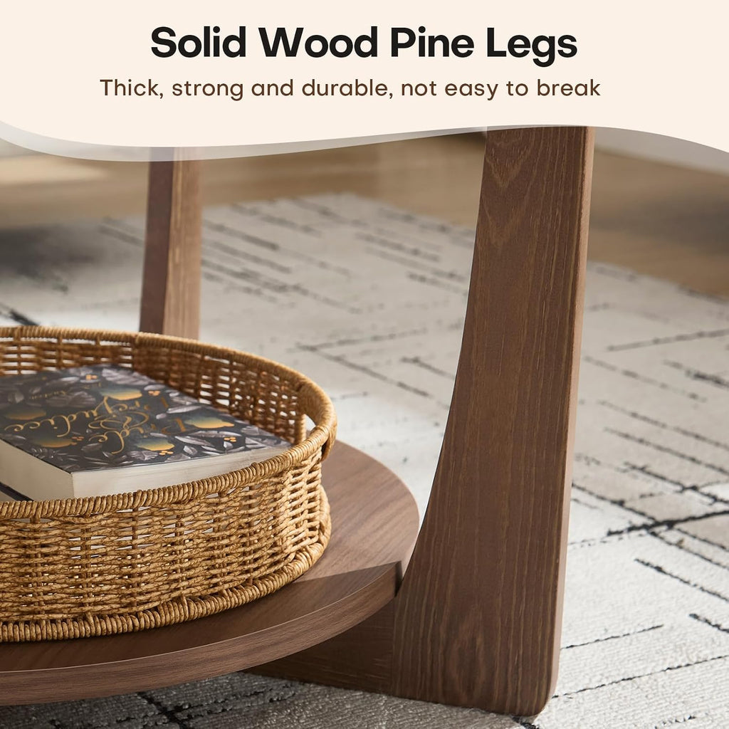 BECHAEO 31.5'' Round Coffee Table with Solid Wood Pine Legs, 2-Tier Rustic Round Coffee Table with Storage Shelf, Small Modern Wood Circle Center Tables for Living Room (Walnut)