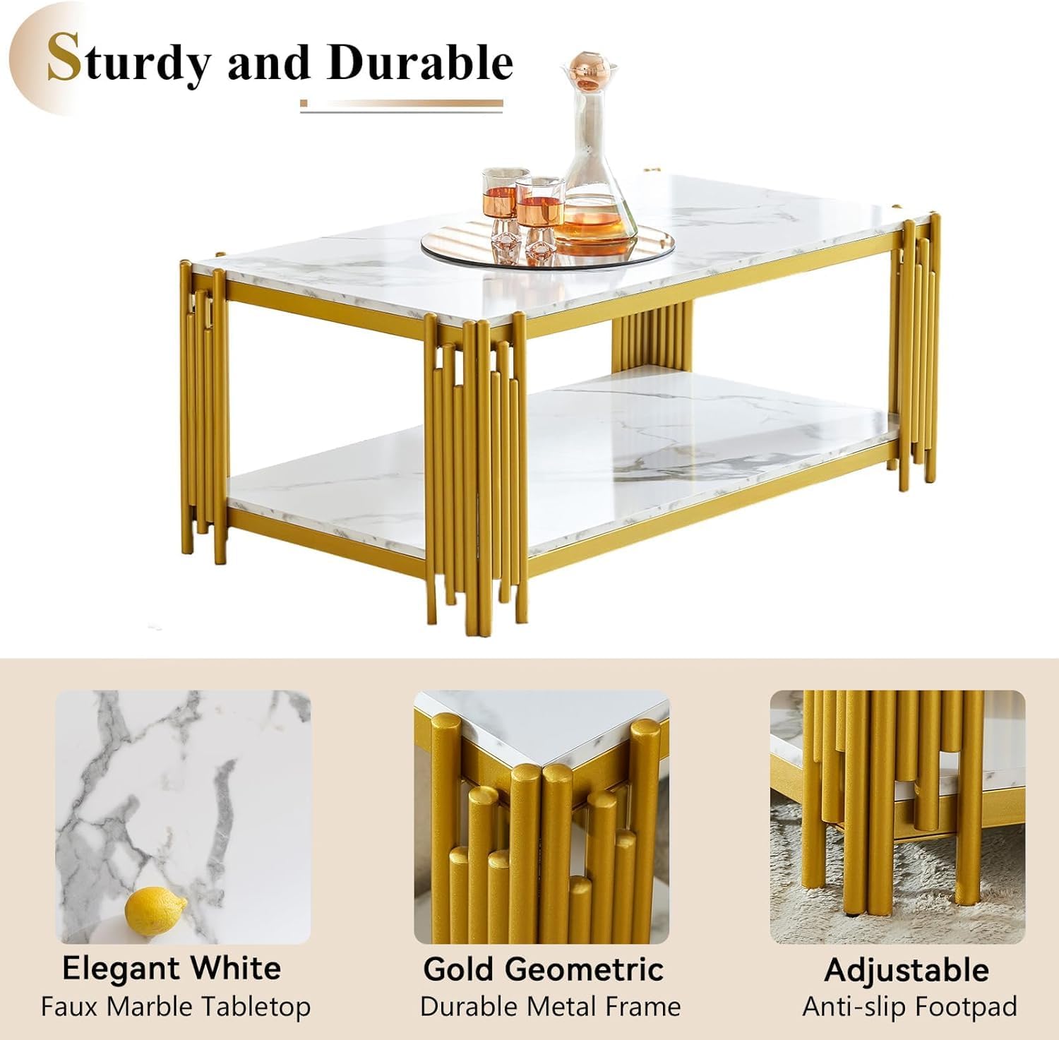 Elegant Marble Coffee Table Set of 3 White Faux Marble Coffee Table End Table Set with Gold Metal Frame 3 Piece Living Room Table Set with 1 Rectangle Coffee Table & 2 Square Side Table