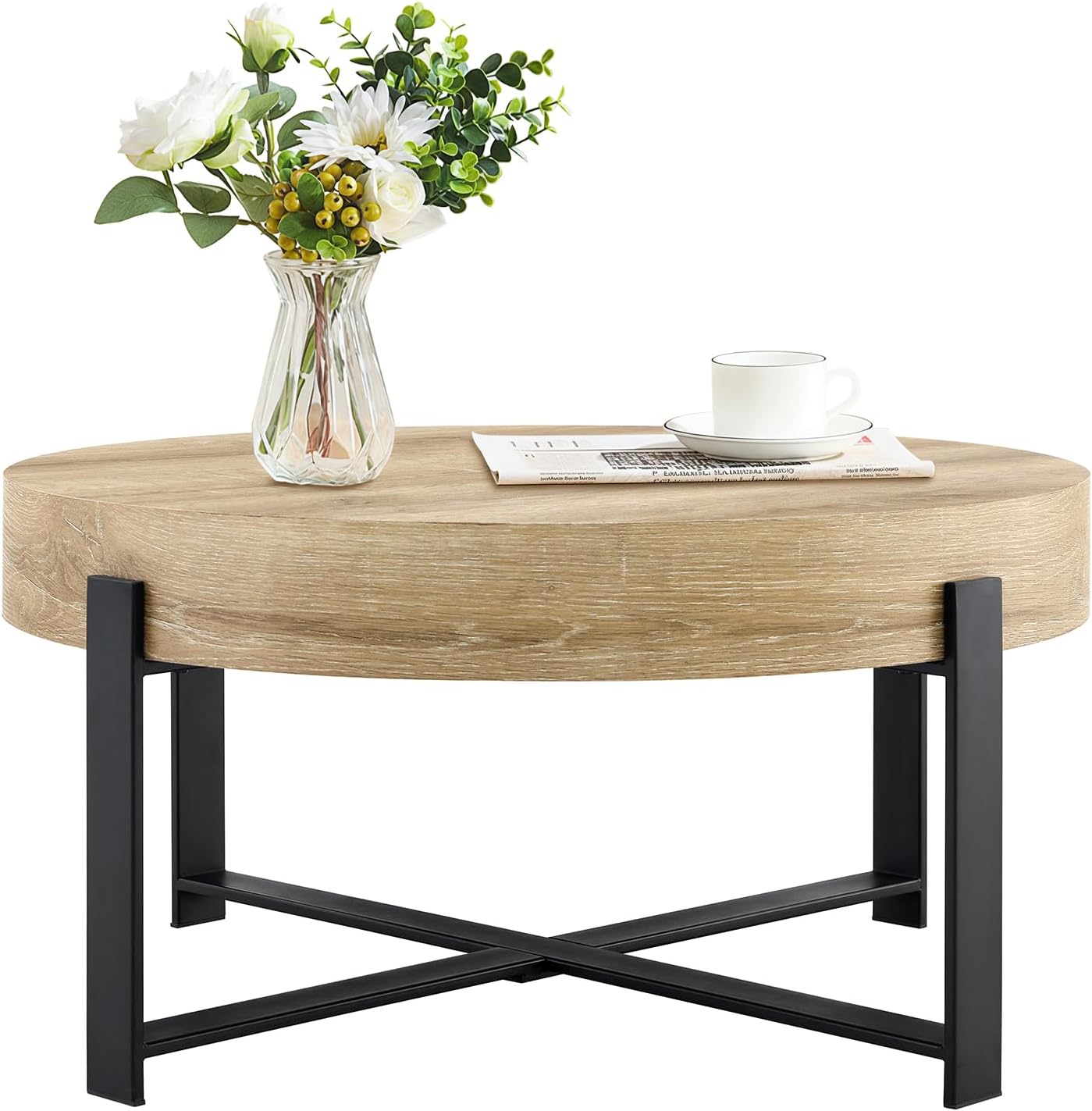 Round Coffee Table, 30.7' Modern Coffee Tables for Living Room, Circular Wooden Center Tea Table with Metal Legs for Apartment Office Small Space, Natural